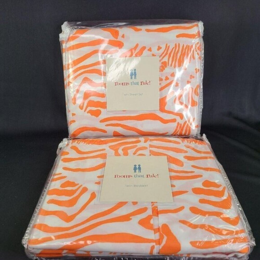 Rooms That Rule Orange Twin Sheet Set and Bedskirt Cotton Laurens Zebra Print Nw